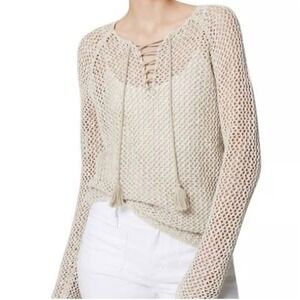 LOFT Women's Beige Knit Lace Up Tassel Sweater Size Small Crochet Boho Indie